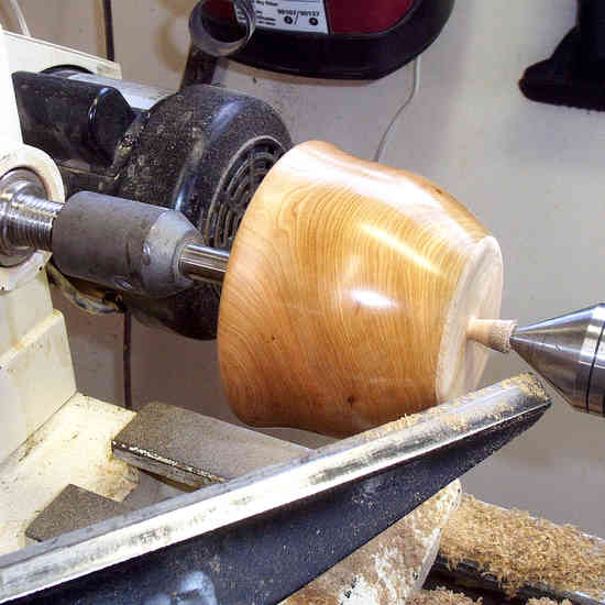 Figure 4: Tutorial â€“ Finishing the bottom of a bowl
This is one of 6 pictures used in my tutorial on how I finish turning the bottom of my bowls.  This technique can also be applied to finishing the bottoms of turned lidded boxes. The Tutorial can be found on the General Woodworking Board.

