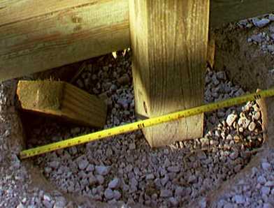 Pole barn tube.
This photo shows the paper tube back filled with crushed stone with the pole sitting in it and the skirt board is on the outside of the building. The tape measure is on the inside of the building.
