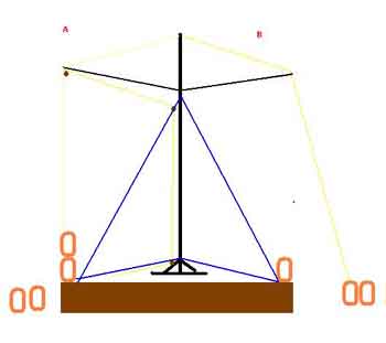 Gin pole with "jib".
This type of gin pole is erected nearly straight or plumb, and the jib swing around to lift things from different sides, such as position A and then rotated around the gin pole to position B.
This way it could lift logs or timbers and build the structure.
