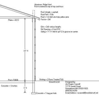Pole barn section view drawing.
This is a section view drawing of a pole barn. This barn was to be used as a truck barn. It is 40' wide and 50' long with a 16' ceiling over the concrete floor.

