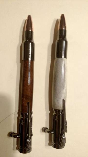Turned pens.
Deer antler and walnut from a broken gunstock.
