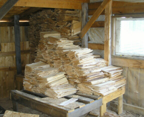 flitches
After the blocks are sawn, the flitches are pile before edging and grading. This pile is from 1 1/2 pallets of blocks and contains roughly 2000 shingles. 
