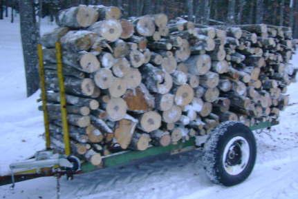 woods trailer
this trailer is about 10 feet long.will hold almost a cord.the big wood is really 2 feet long.the rest is 4 foot. i park this beside my furnace and just take it off as needed to fill the furnace.
