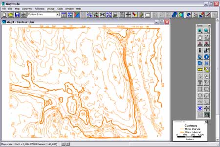 Maptitude 4.6 generated contours from Geography text (long, lat, elev)
