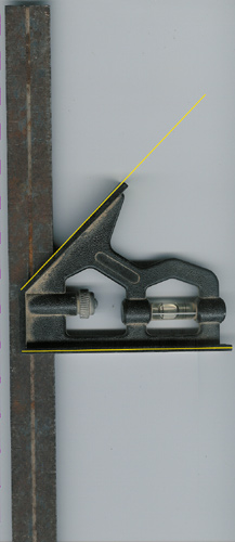 carpenter's level with 45 degree angle indicated in yellow
