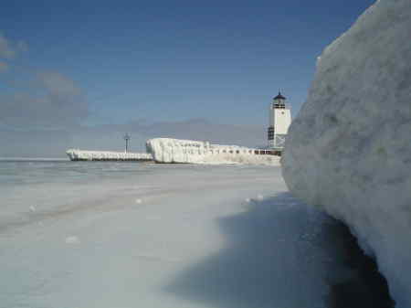 Charlevoix pier heads winter 08
Photo is taken on the ice of Lake Michigan. Ice to the right has been built up by the wave action before the lake froze.
