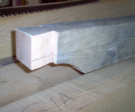 Sample Floor Joist End
A sample floor joist dovetail tenon and arc on the bottom of the joist near the end. I used a portable band saw to cut the tenon and arc.
