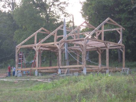 Frame raising: day 2
After we finished on Sept 3, 2007. We have all but the first floor floor joists and the purlins in.
