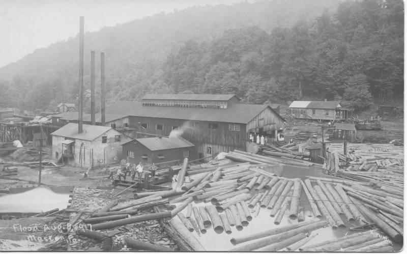 Flood of 1917, Masten PA Mill
I believe this is the same mill as the pictures labelled Masten Hemlock Mill.  They show the mill a year before the flood.
